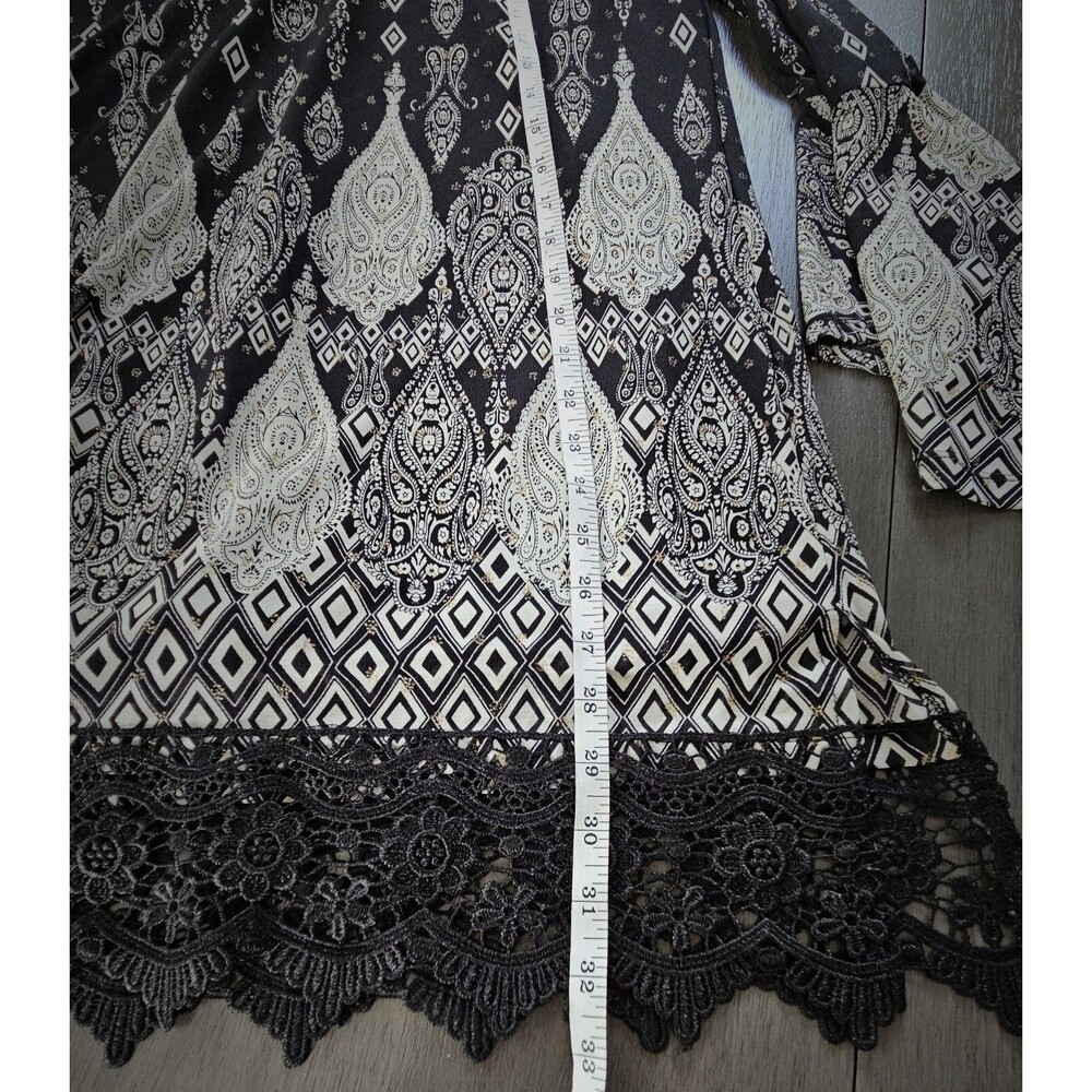 Calessa Black Moroccan Print Tunic Top Blouse Med Bell Sleeve Bohemian - Picture 5 of 9